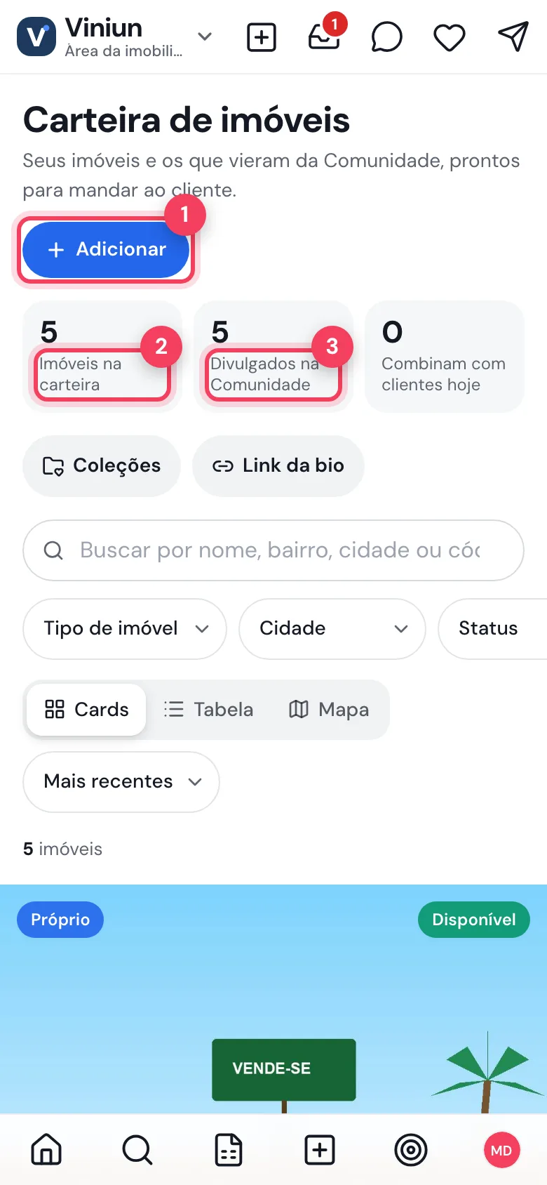 Carteira da imobiliária no celular com botão Adicionar e contadores