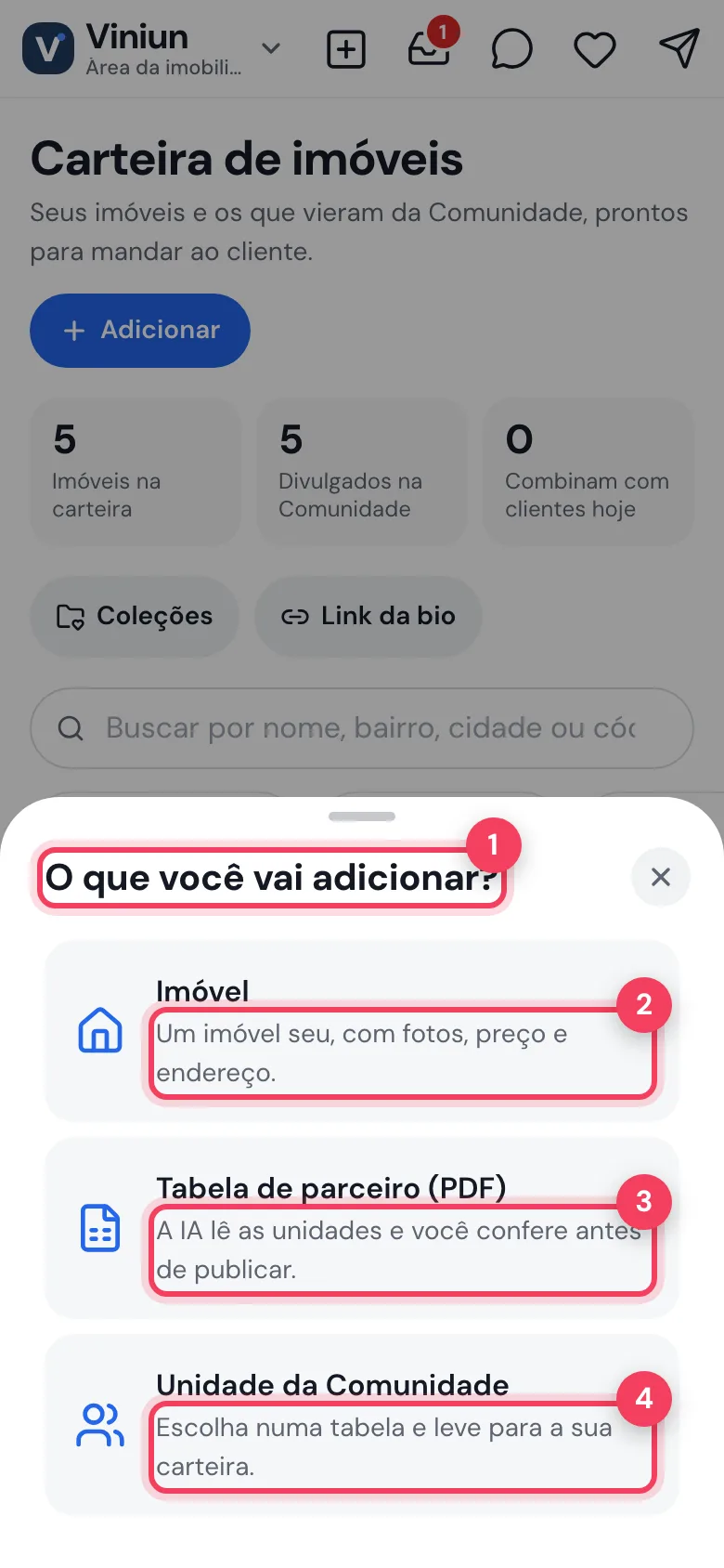 Folha O que você vai adicionar com Imóvel, Tabela de parceiro e Unidade da Comunidade