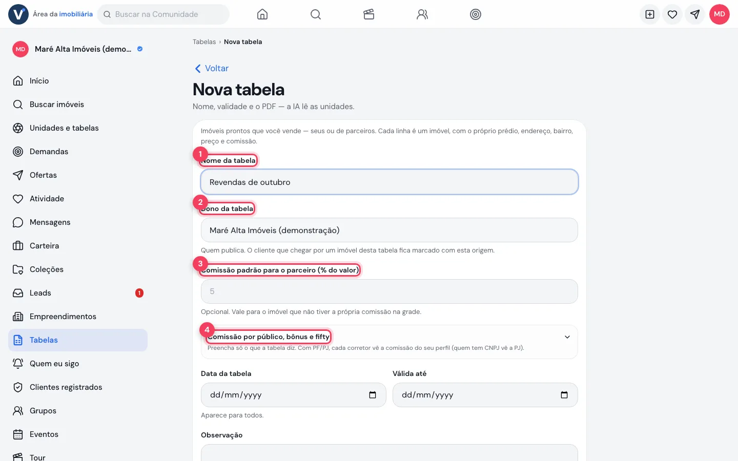 Formulário Nova tabela com nome, dono, comissão padrão e comissão por público
