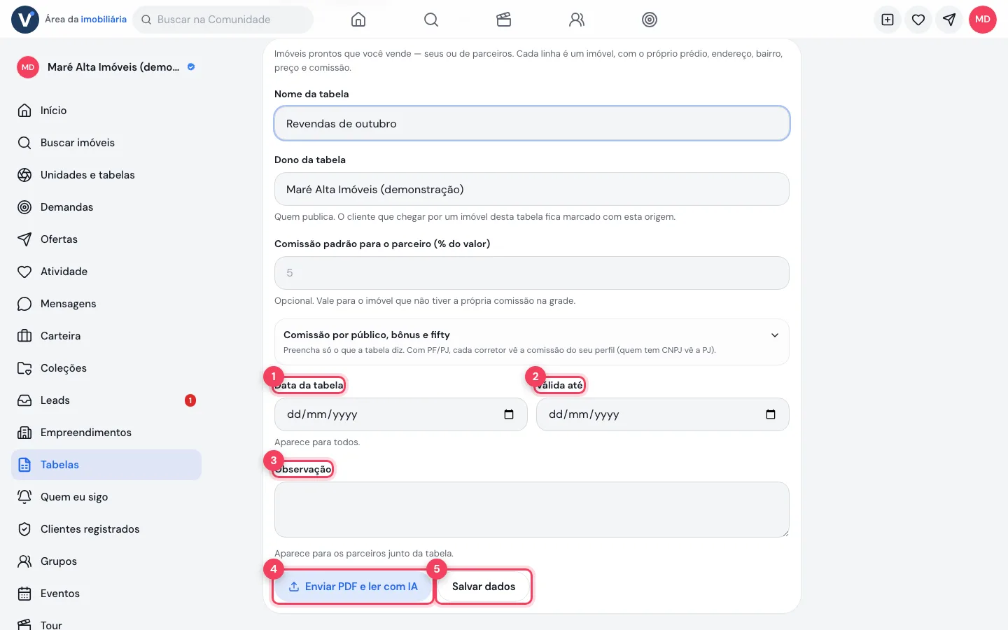 Datas da tabela, observação e os botões Enviar PDF e ler com IA e Salvar dados