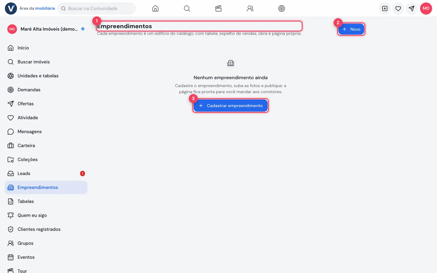 Tela Empreendimentos vazia com os botões Novo e Cadastrar empreendimento