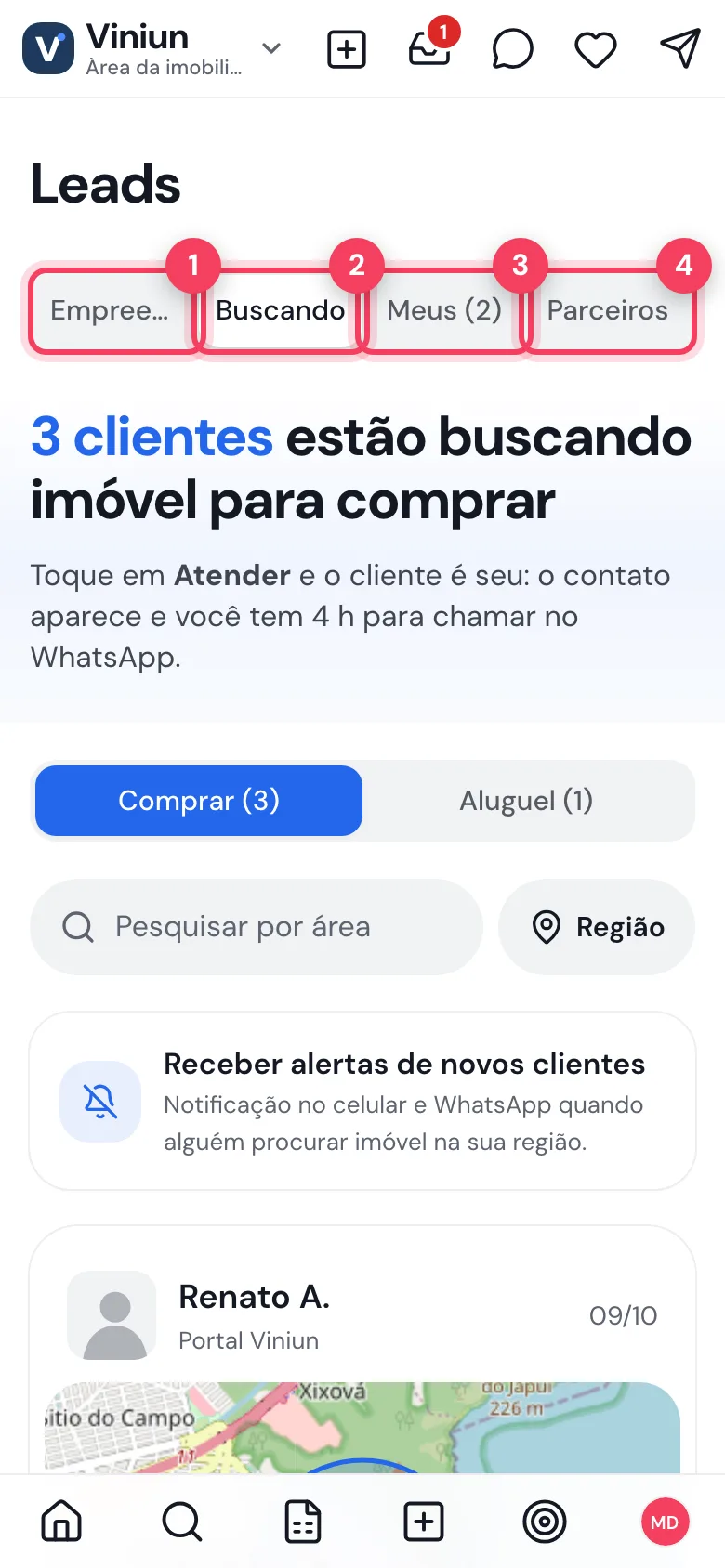 Leads da imobiliária no celular com as abas Empreend., Buscando, Meus e Parceiros
