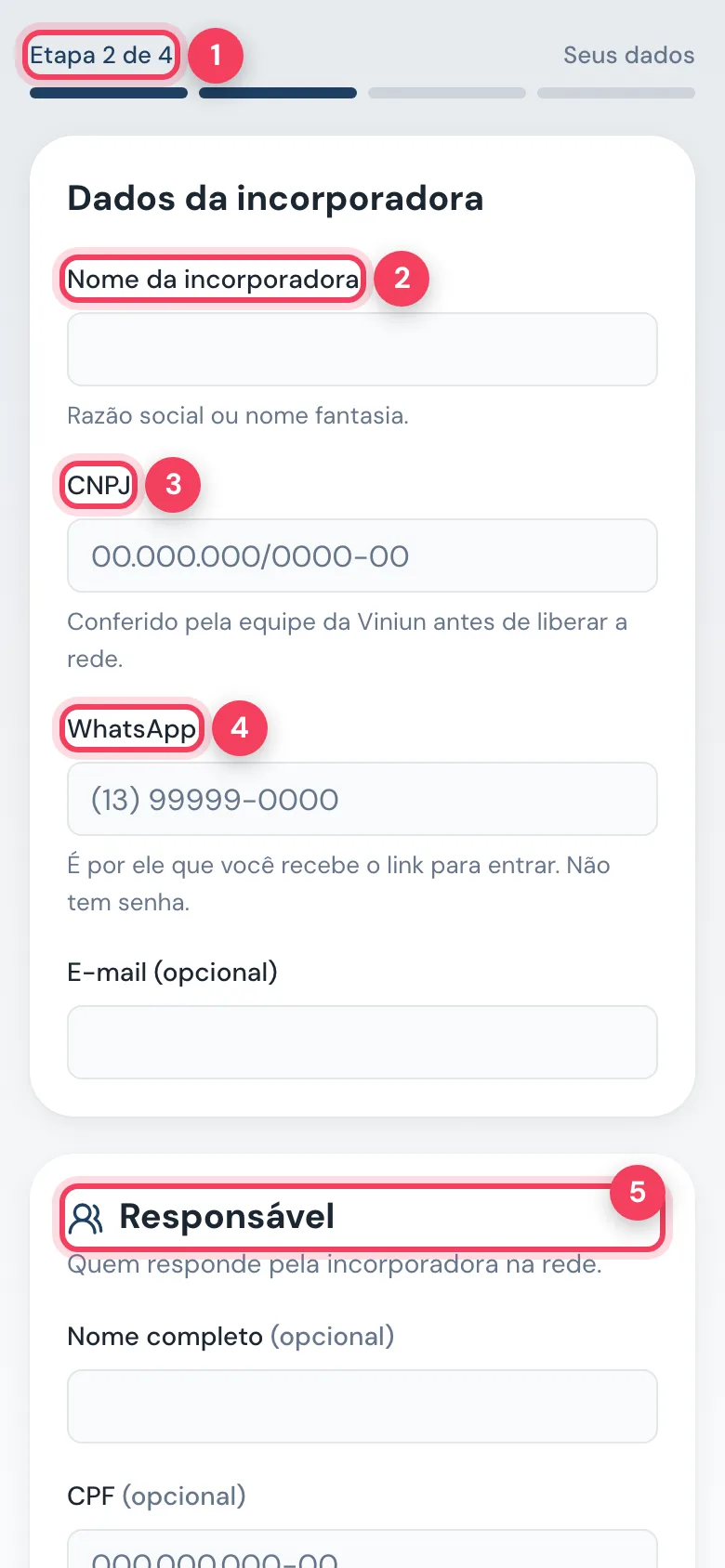 Etapa 2 do cadastro da incorporadora
