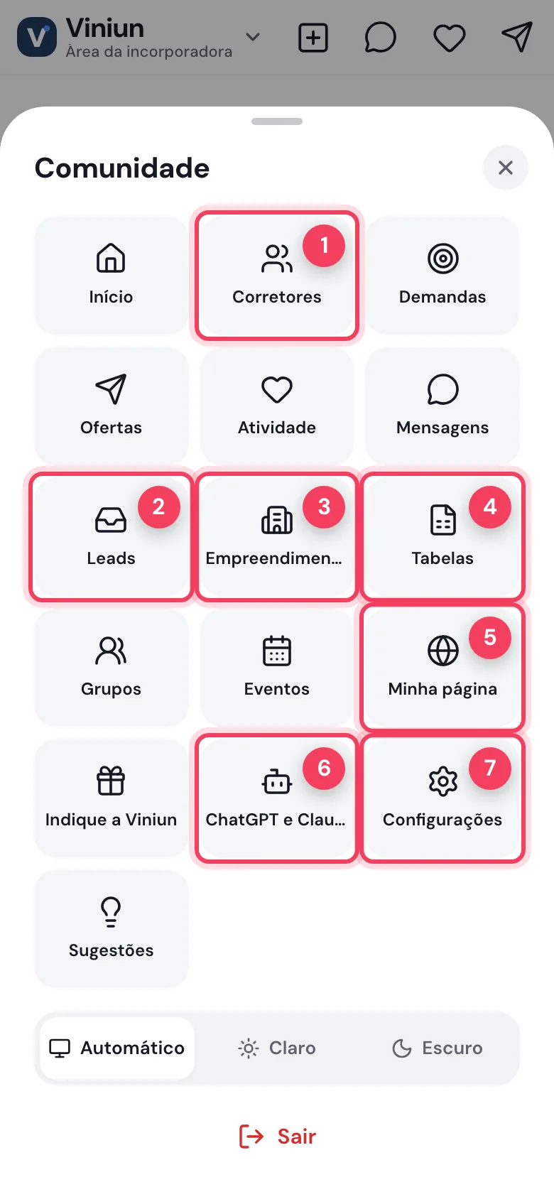 Menu completo da incorporadora no celular