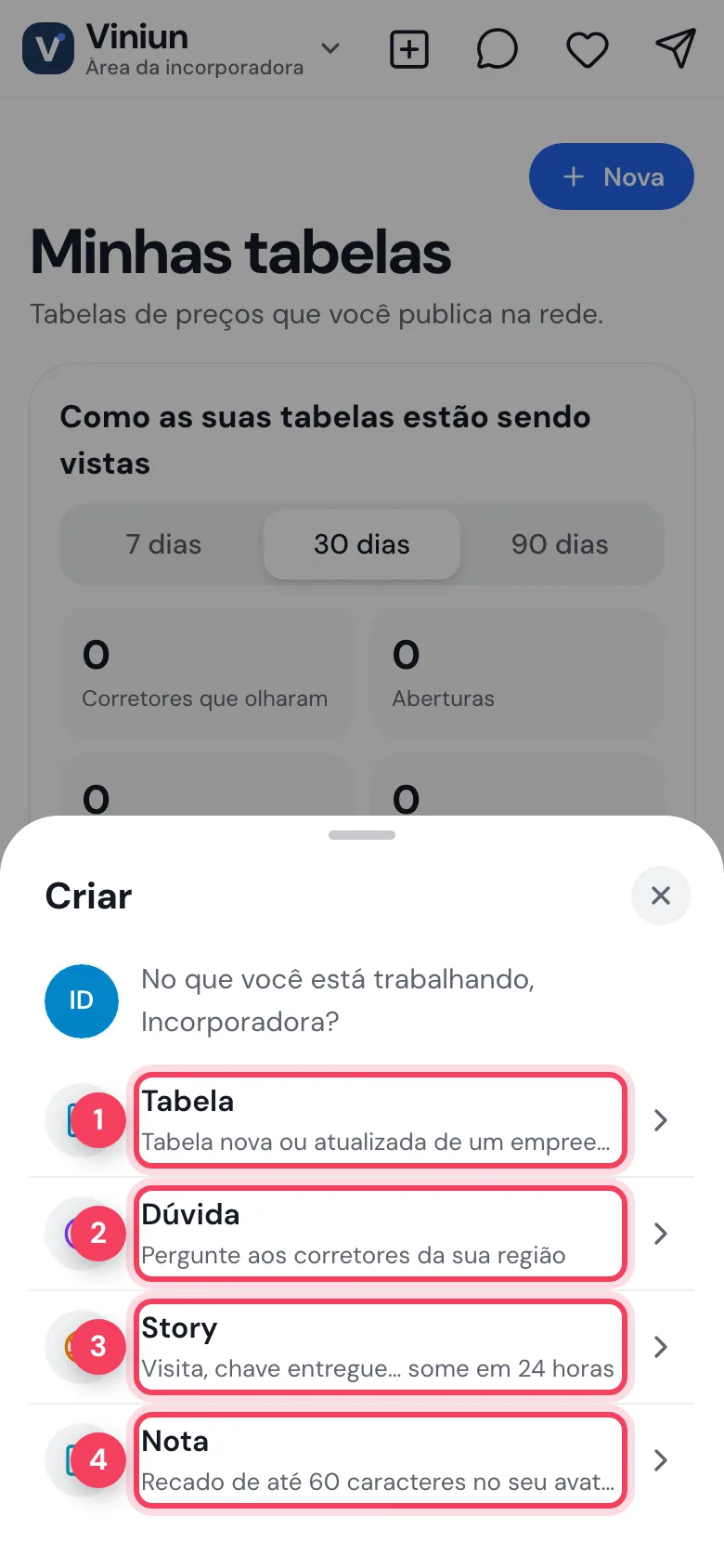 Menu Criar da incorporadora