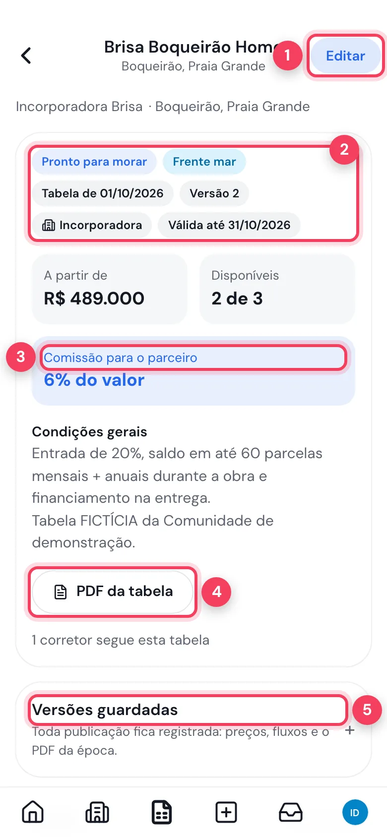 Tabela do lançamento da incorporadora no celular