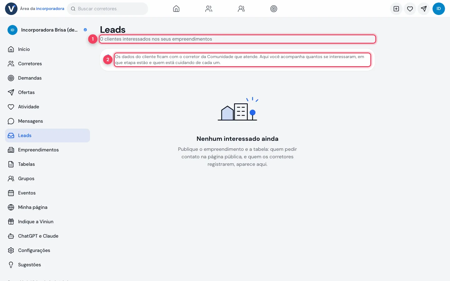 Leads da incorporadora no computador
