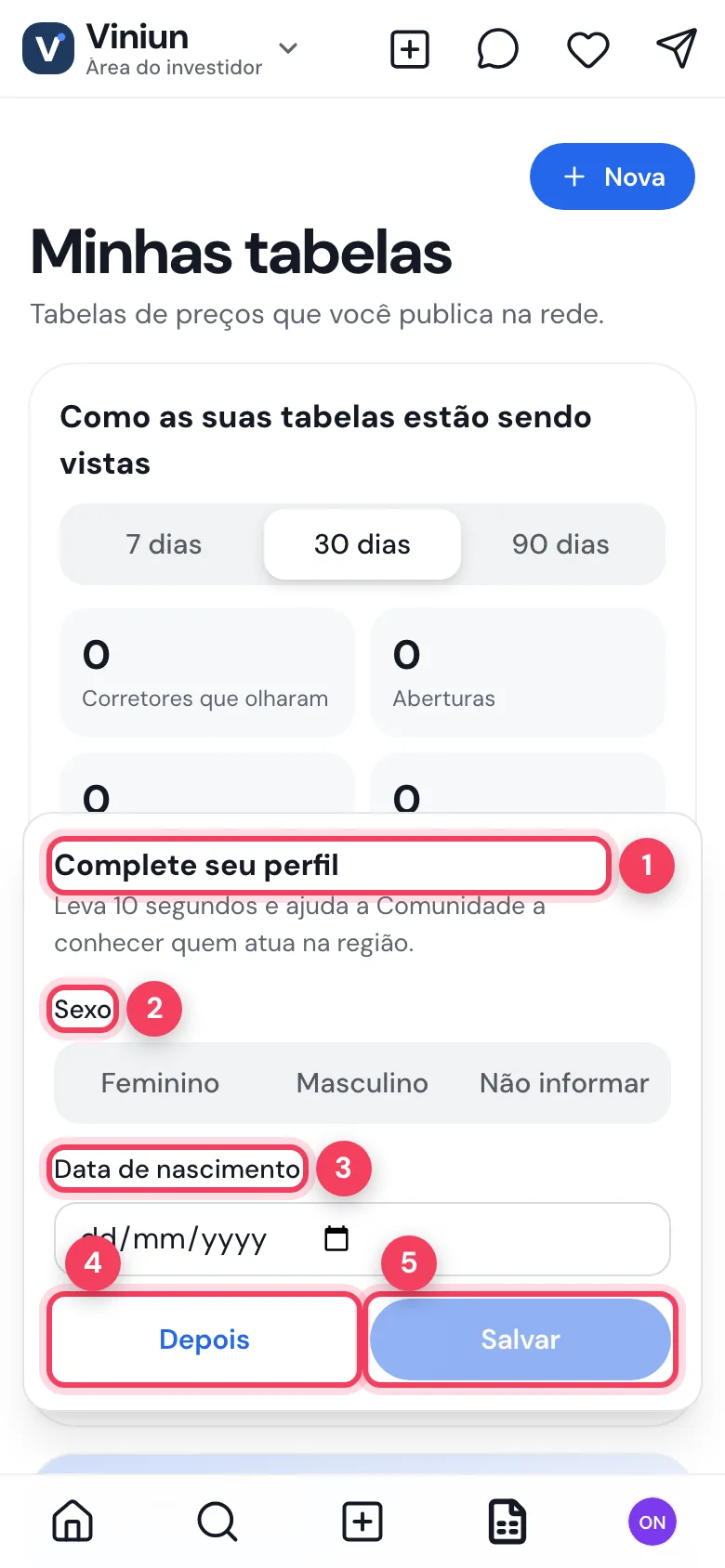 Janela Complete seu perfil
