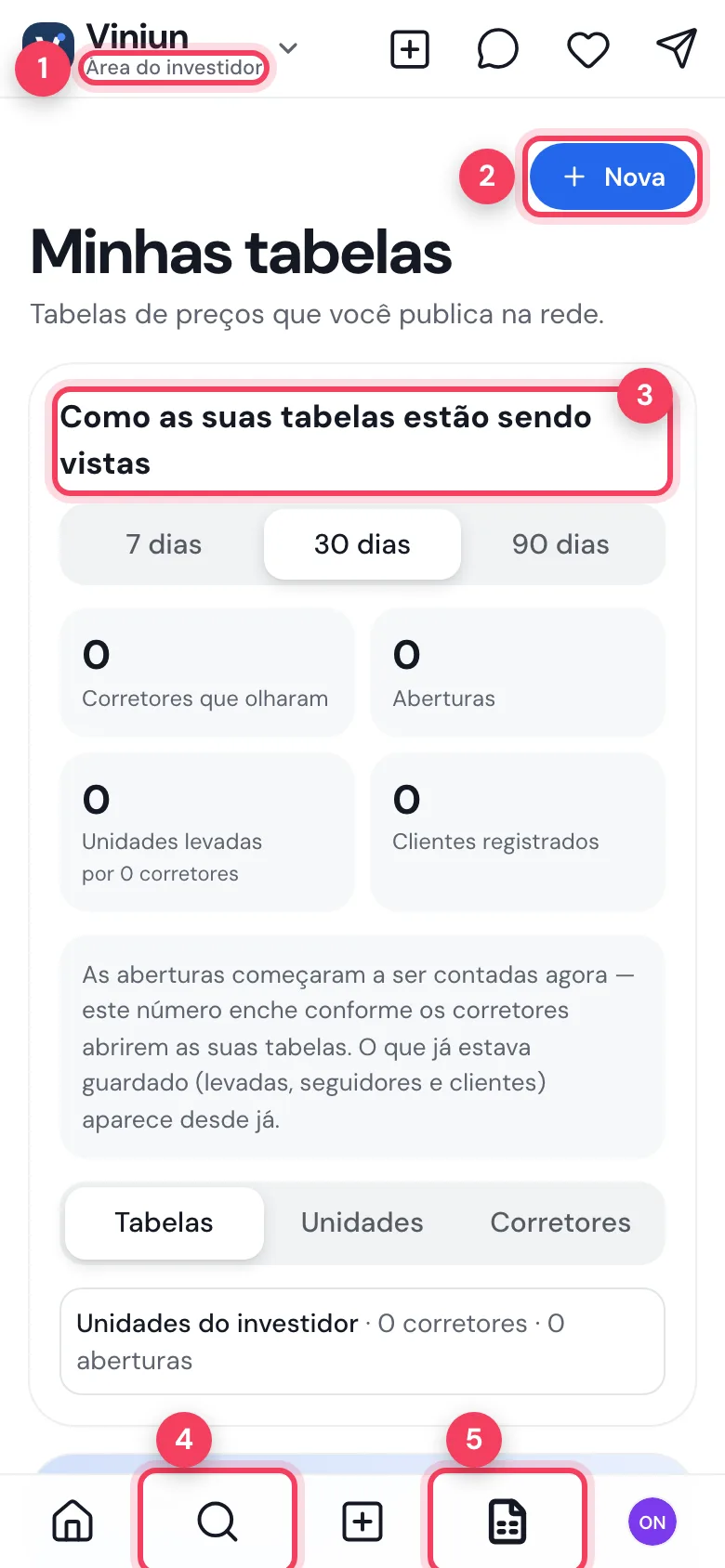 Tela inicial do investidor no celular