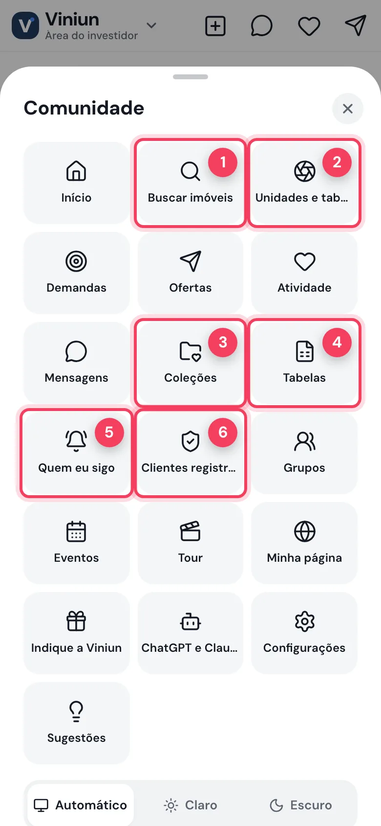 Menu do investidor no celular