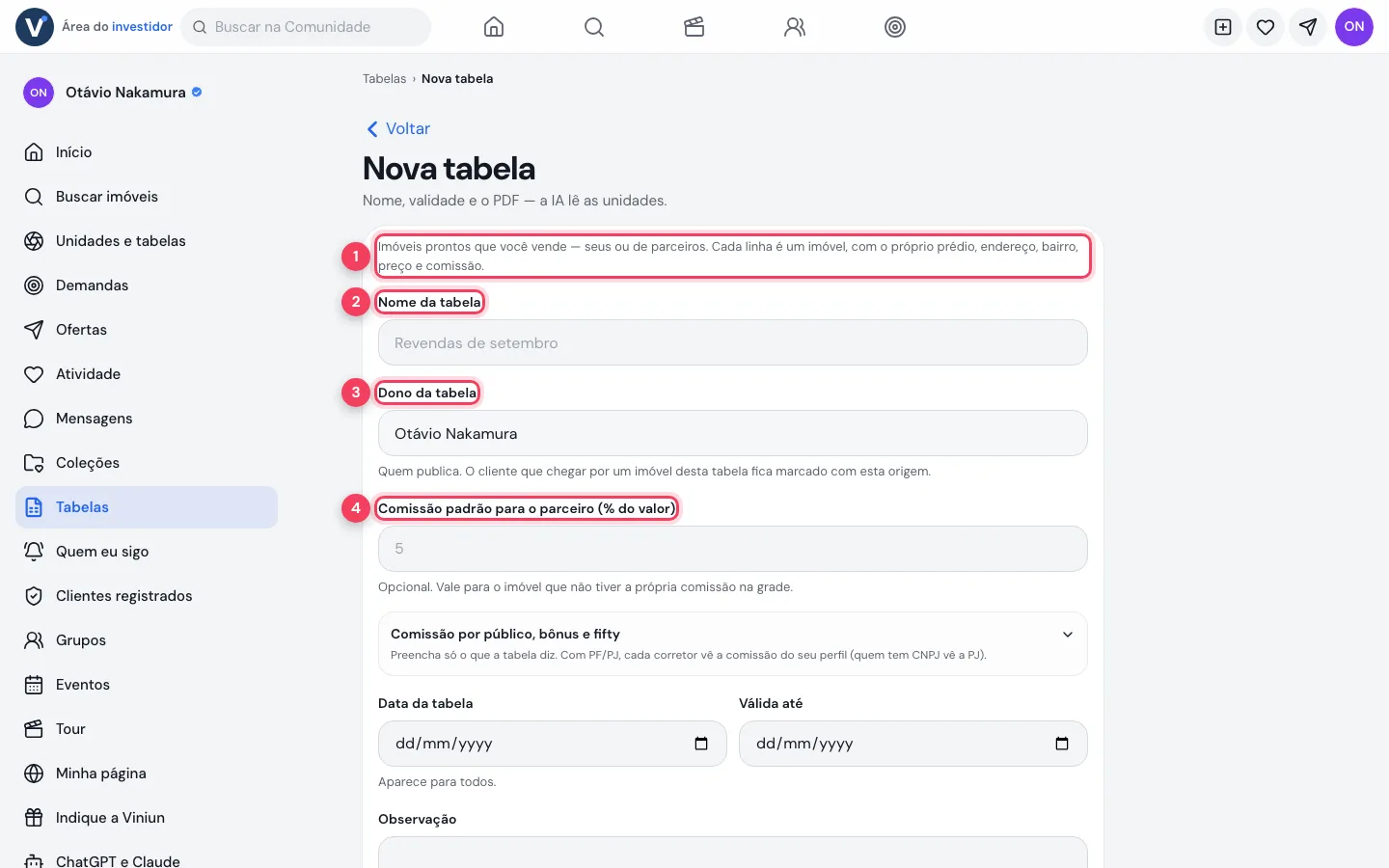 Nova tabela do investidor no computador