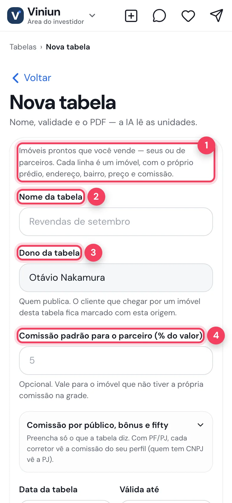 Nova tabela do investidor no celular
