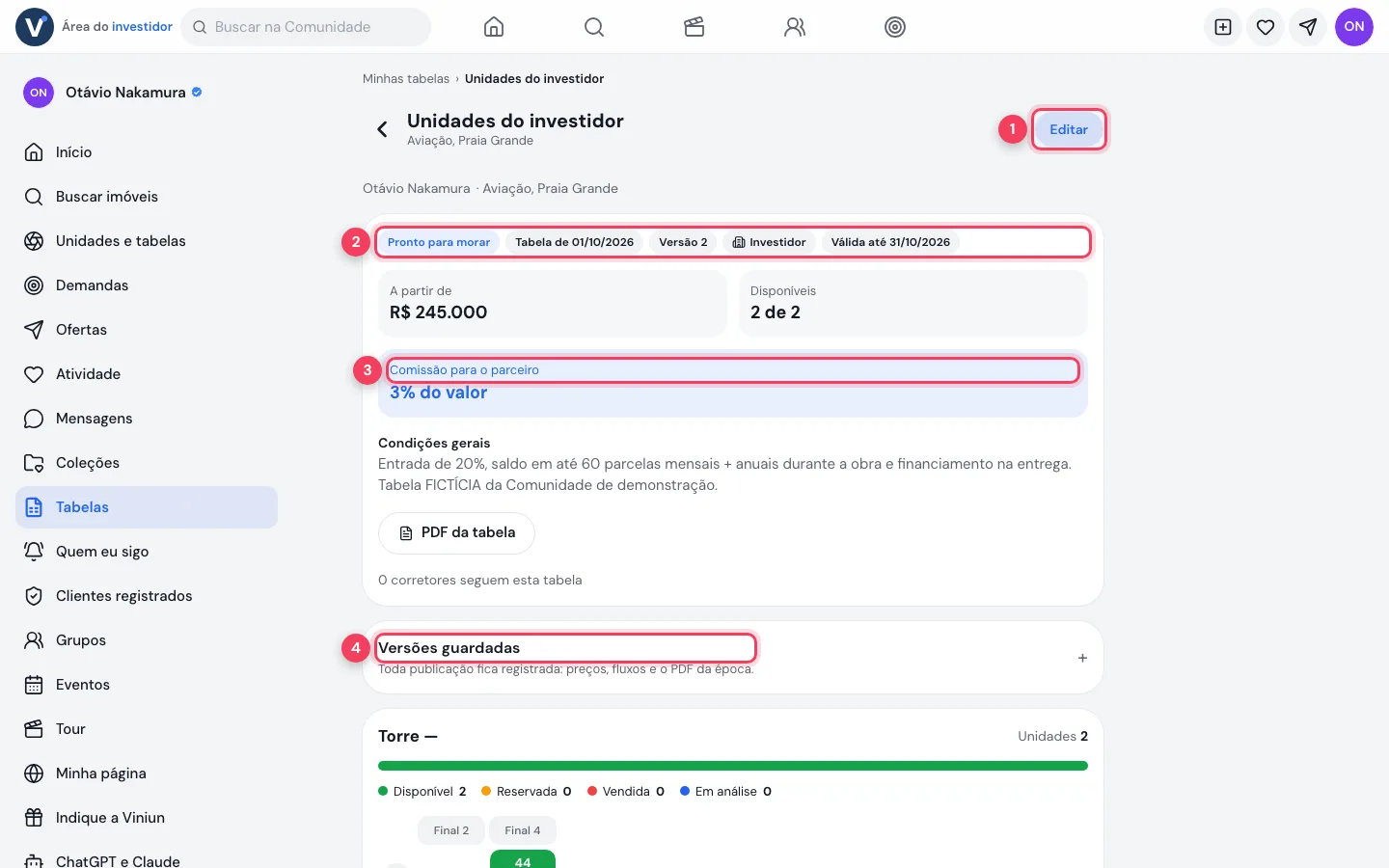 Tabela do investidor no computador