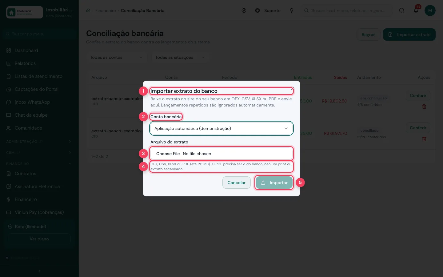Janela Importar extrato do banco com conta bancária, arquivo e formatos aceitos