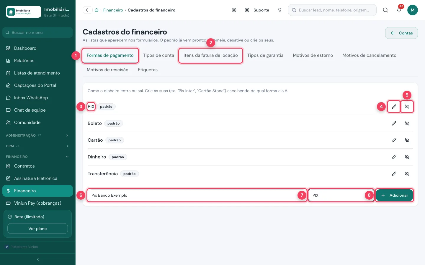 Cadastros do financeiro com formas de pagamento, renomear, desativar e novo item