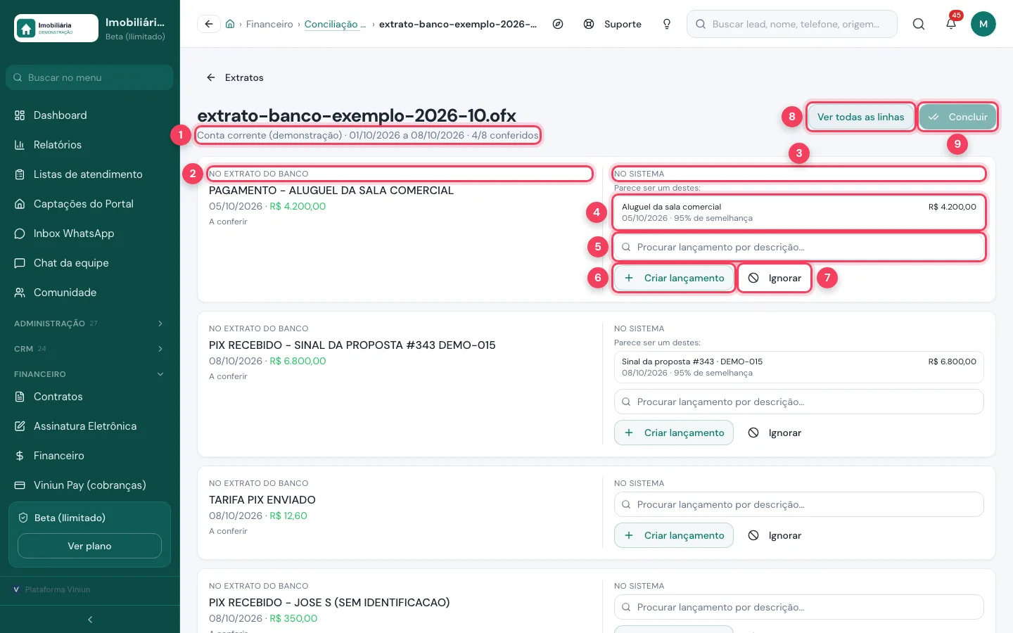 Conferência do extrato com a linha do banco, sugestão do sistema, busca, criar lançamento e ignorar