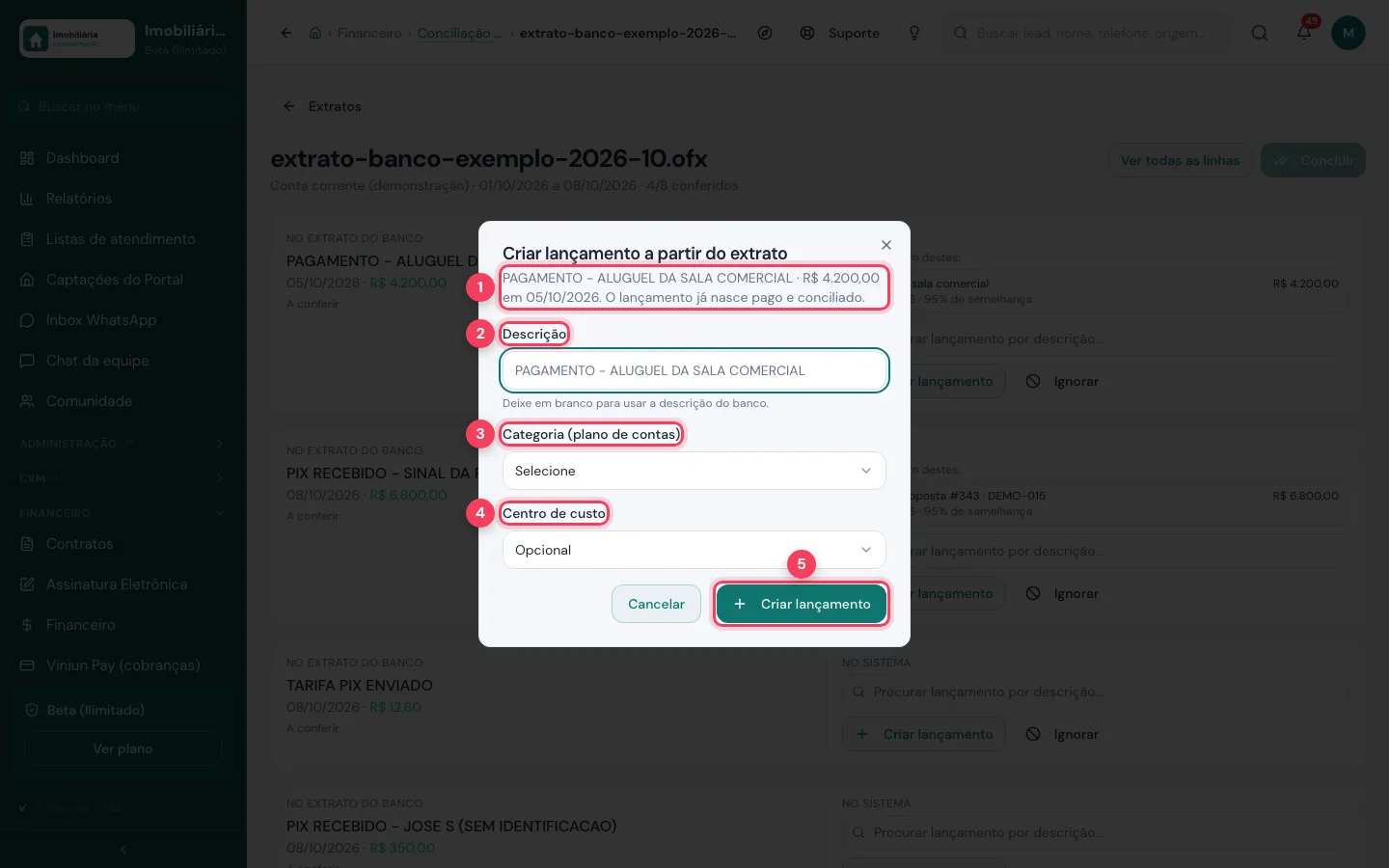 Janela Criar lançamento a partir do extrato com descrição, categoria e centro de custo