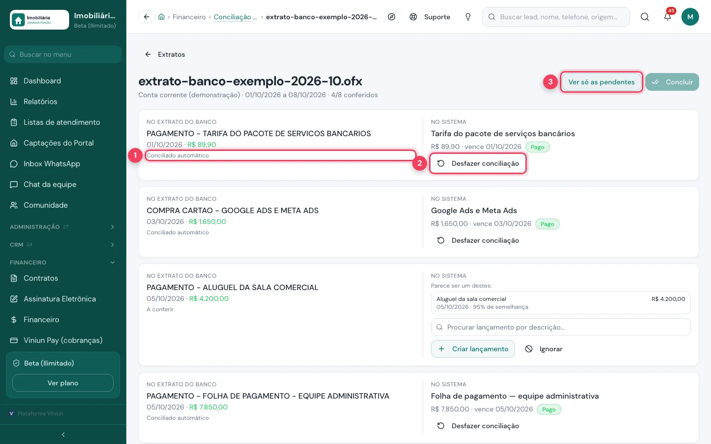 Linhas conciliadas automaticamente com o botão Desfazer conciliação
