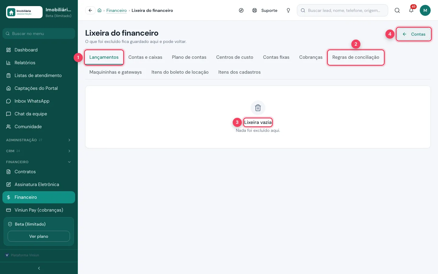 Lixeira do financeiro com abas por tipo de item