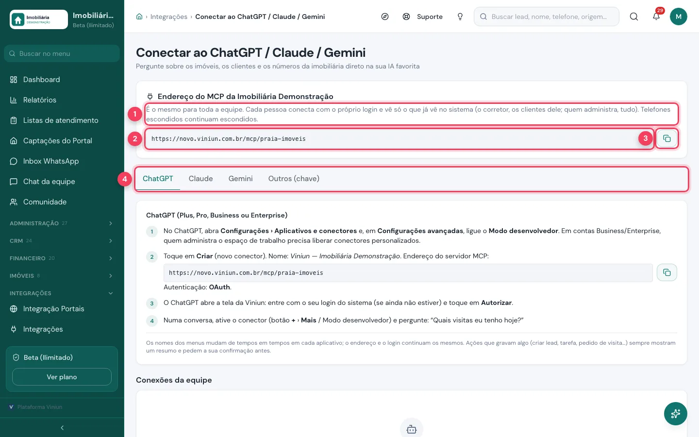 Tela Conectar ao ChatGPT, Claude e Gemini com o endereço da imobiliária