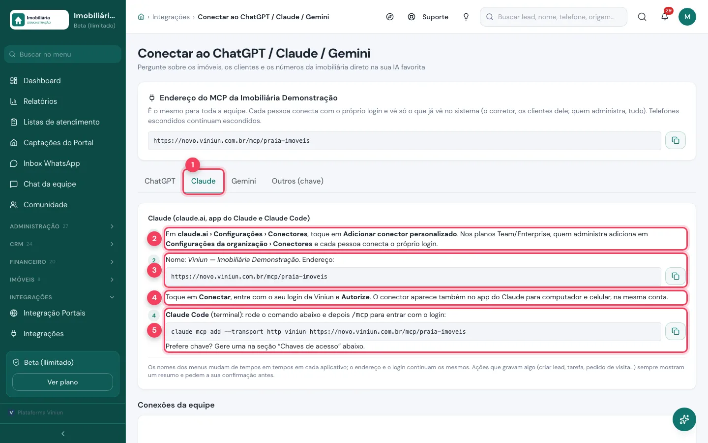 Aba Claude com o passo a passo para adicionar o conector