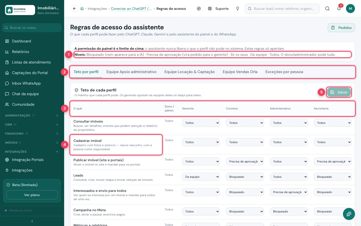 Tela Regras de acesso do assistente com teto por perfil