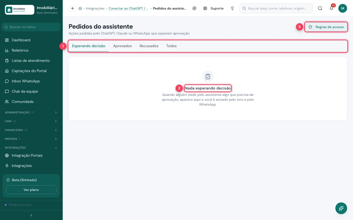 Tela Pedidos do assistente com as abas de situação