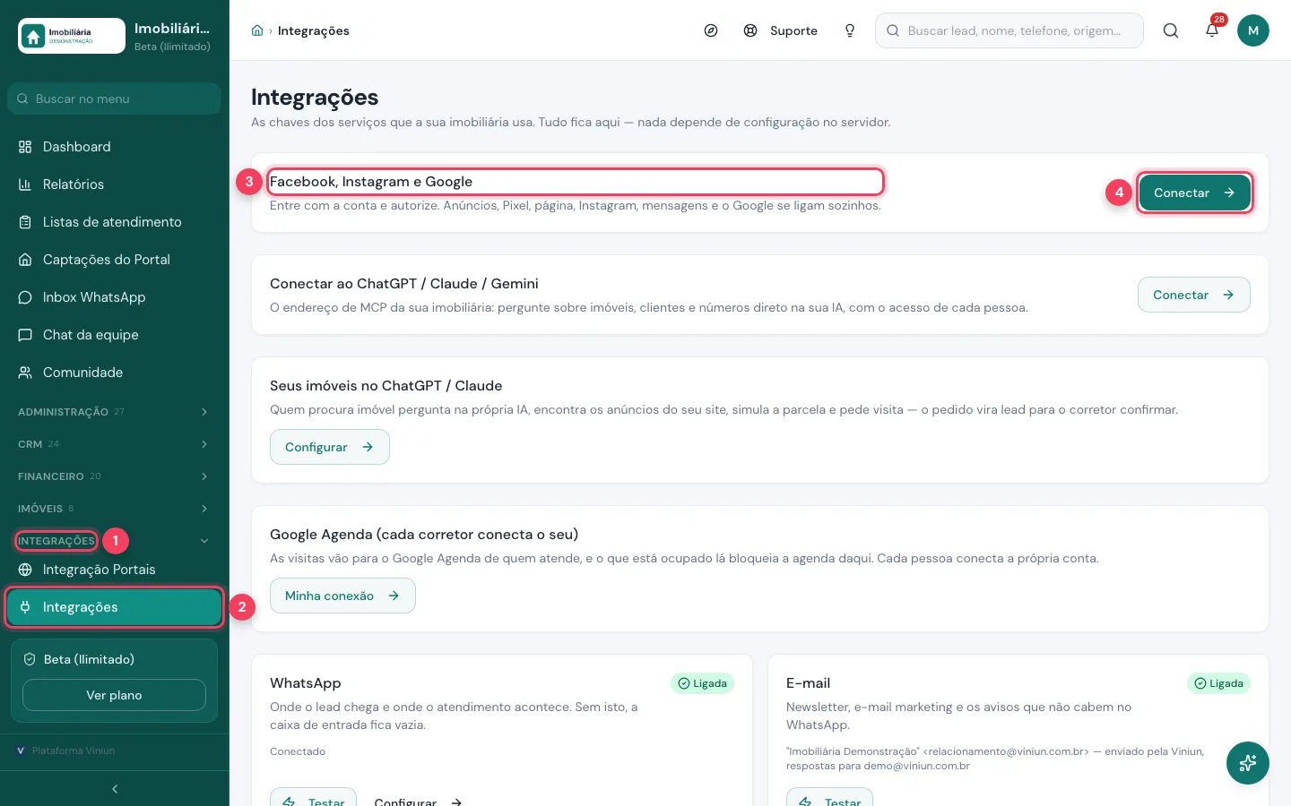 Tela Integrações da Viniun com o cartão Facebook, Instagram e Google e o botão Conectar marcados