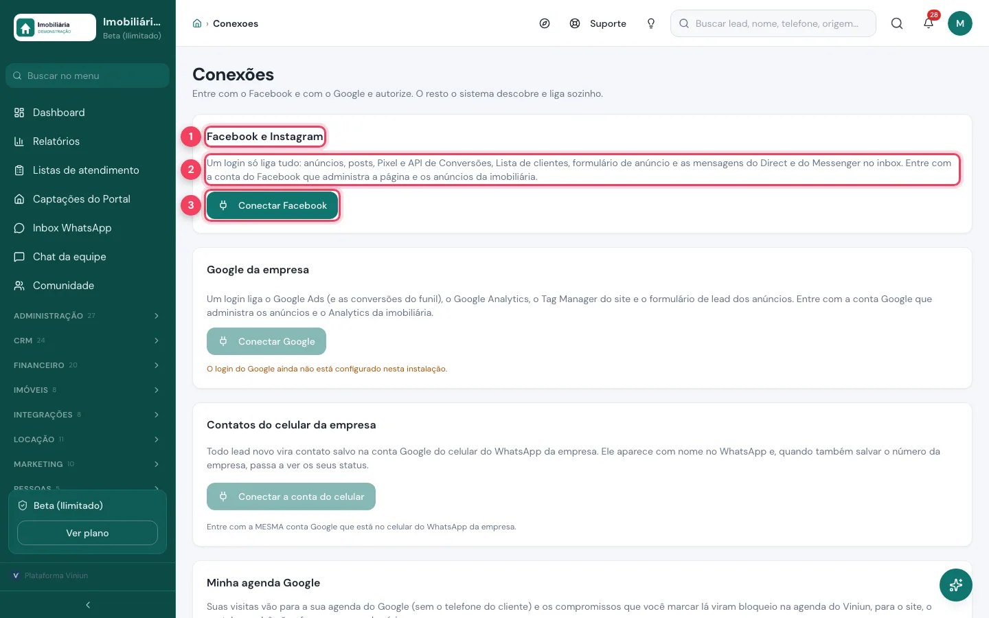 Tela Conexões da Viniun com o cartão Facebook e Instagram e o botão Conectar Facebook marcados