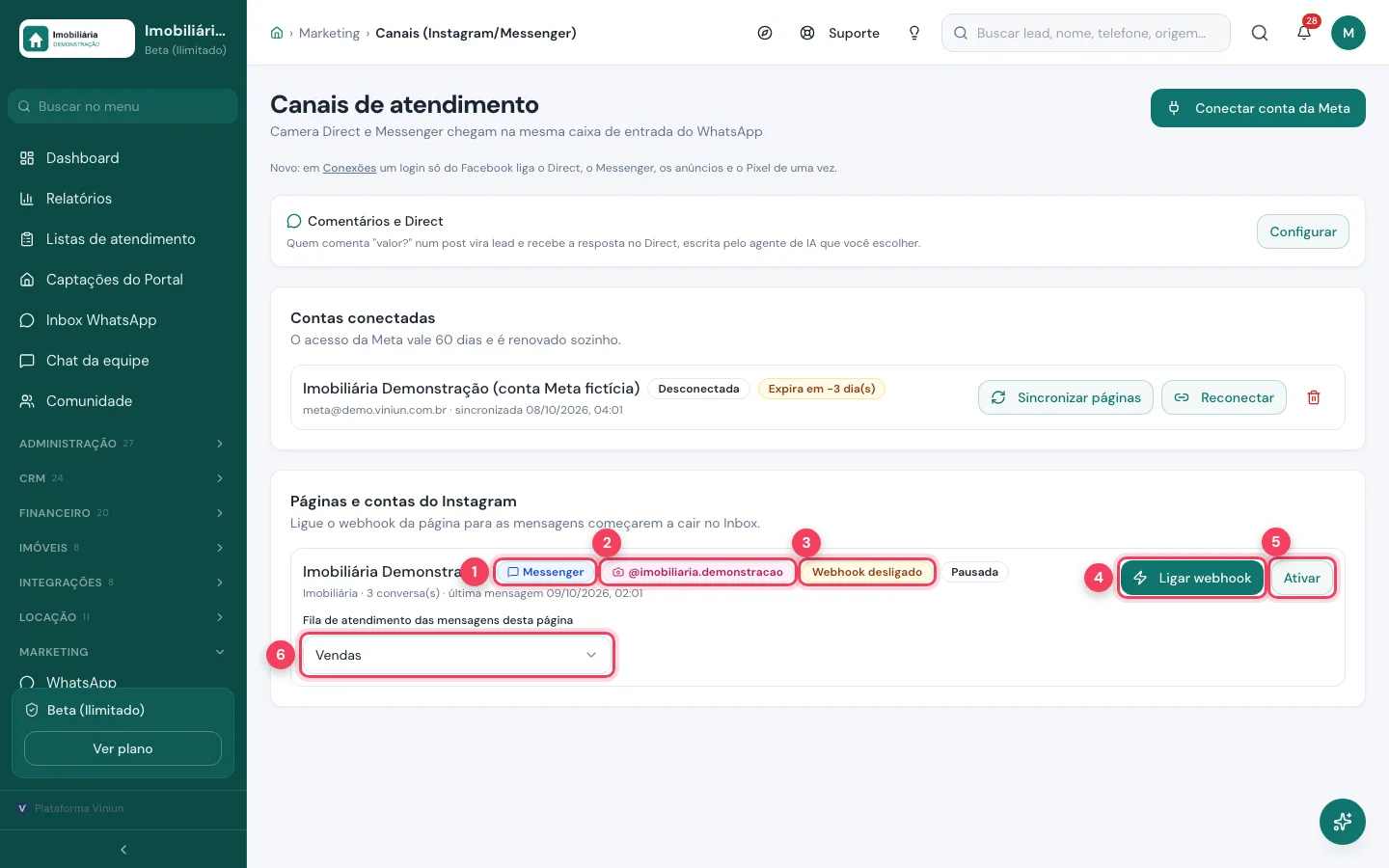 Página da imobiliária em Canais com Messenger, Instagram, Webhook desligado, Ligar webhook, Ativar e a fila de atendimento marcados