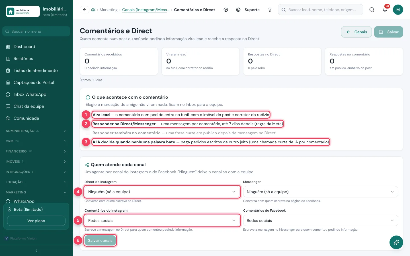Tela Comentários e Direct com as opções Vira lead, Responder no Direct, A IA decide e os agentes por canal marcados