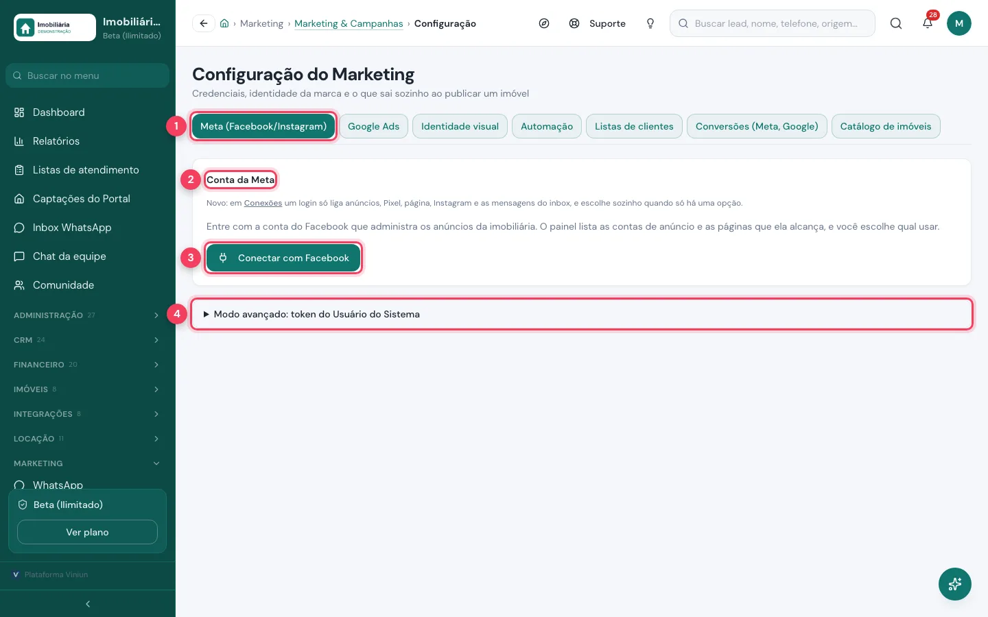 Configuração do Marketing, aba Meta, com o cartão Conta da Meta, o botão Conectar com Facebook e o Modo avançado marcados
