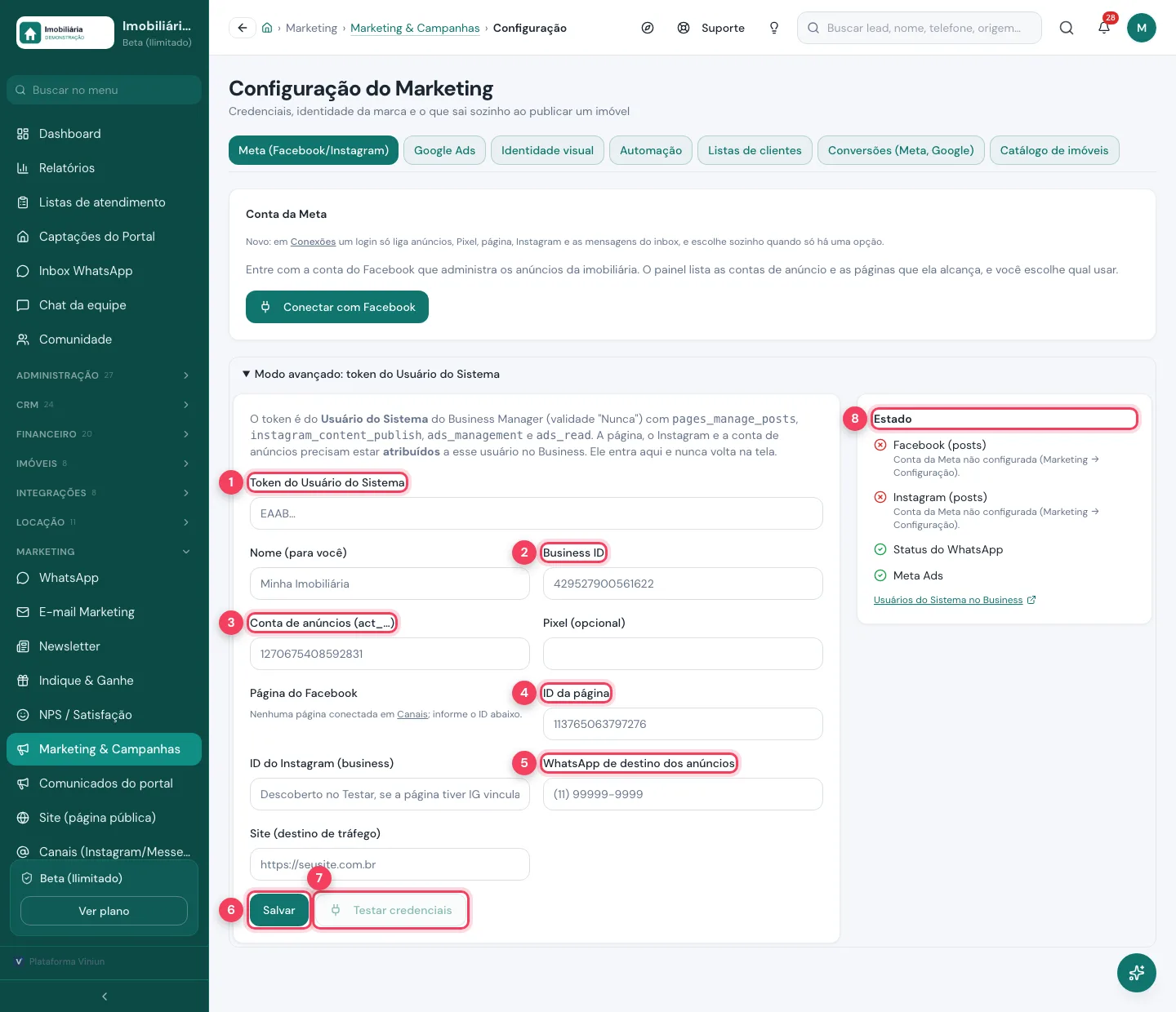 Modo avançado da conta Meta com token, Business ID, conta de anúncios, ID da página, WhatsApp de destino, Salvar, Testar credenciais e Estado marcados