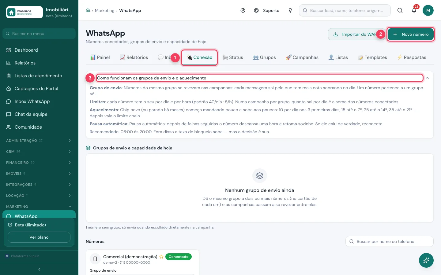 Tela WhatsApp na aba Conexão com o botão Novo número