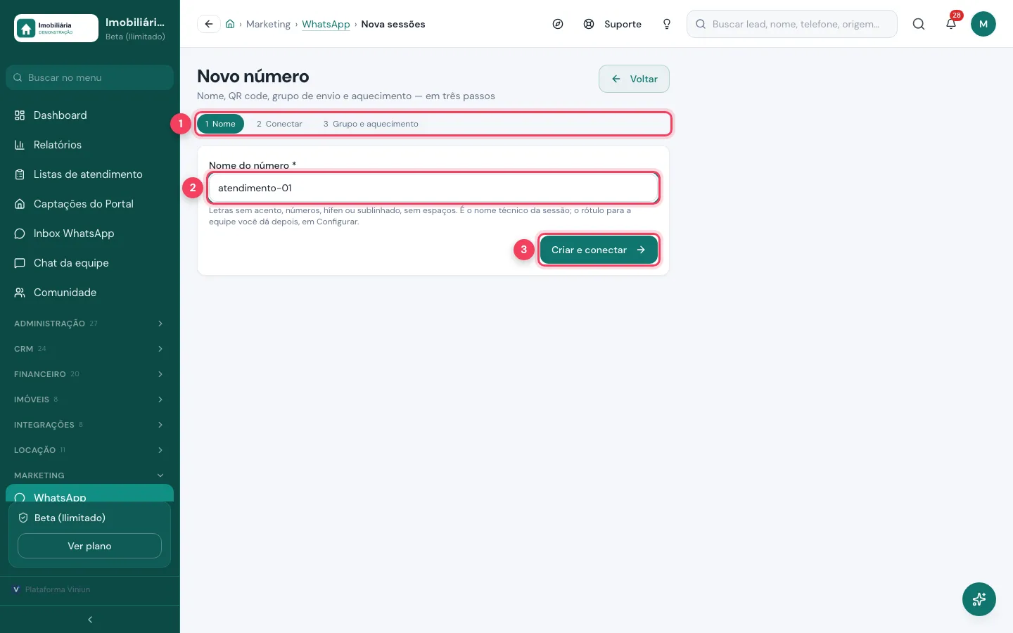 Assistente Novo número com o campo Nome do número preenchido