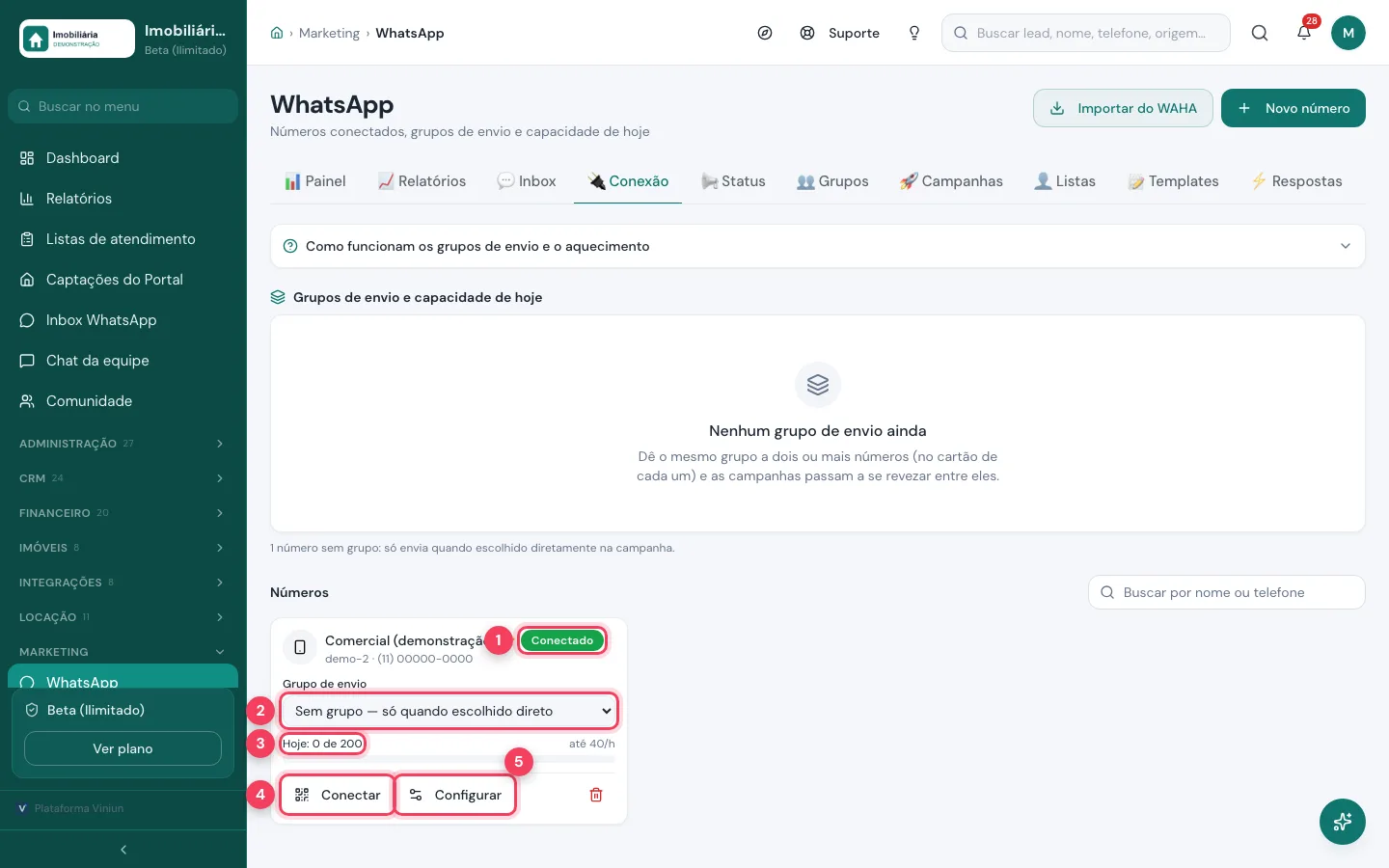 Cartão do número na aba Conexão com status Conectado e botões Conectar e Configurar