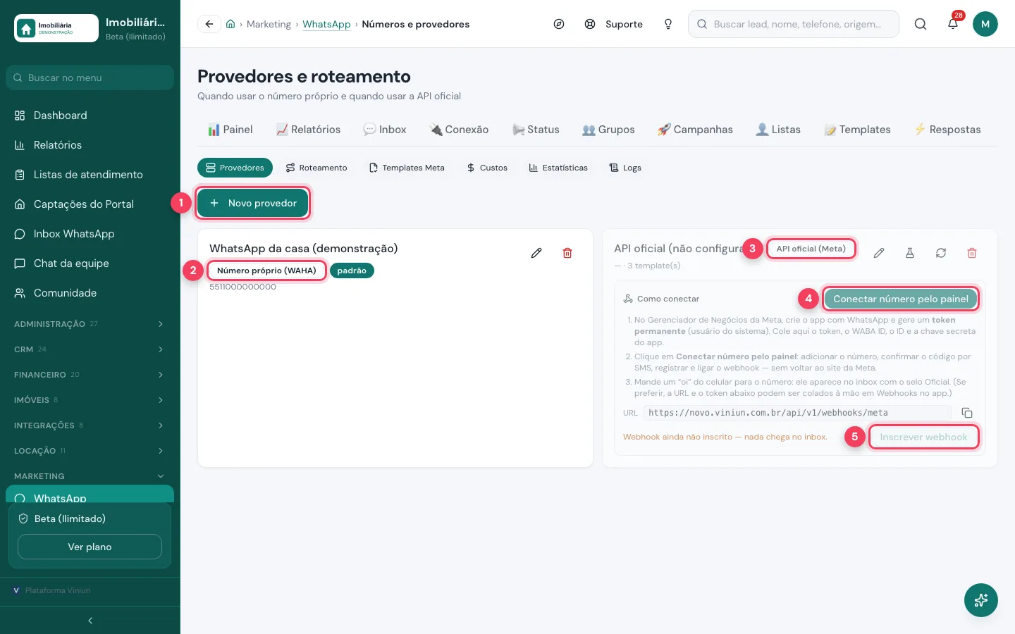Tela Provedores com o número próprio e a API oficial da Meta