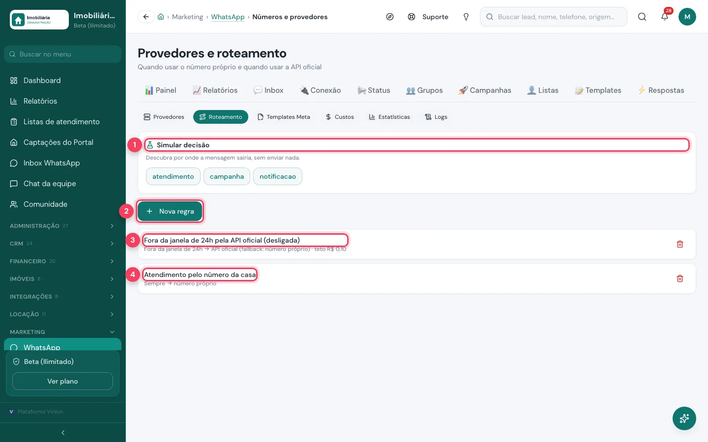 Aba Roteamento com Simular decisão e regras de envio