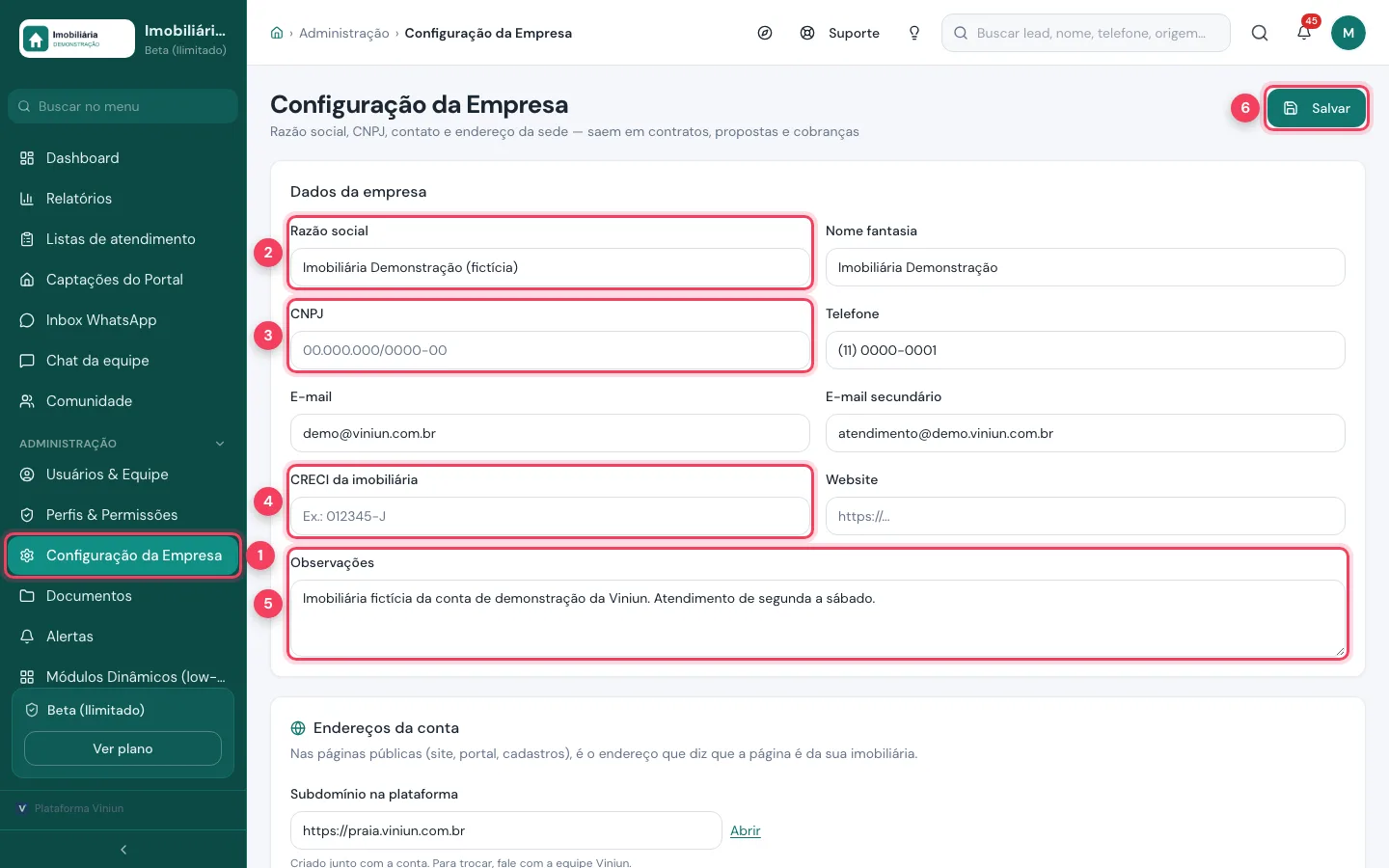 Tela Configuração da Empresa com o menu, razão social, CNPJ, CRECI, observações e o botão Salvar marcados