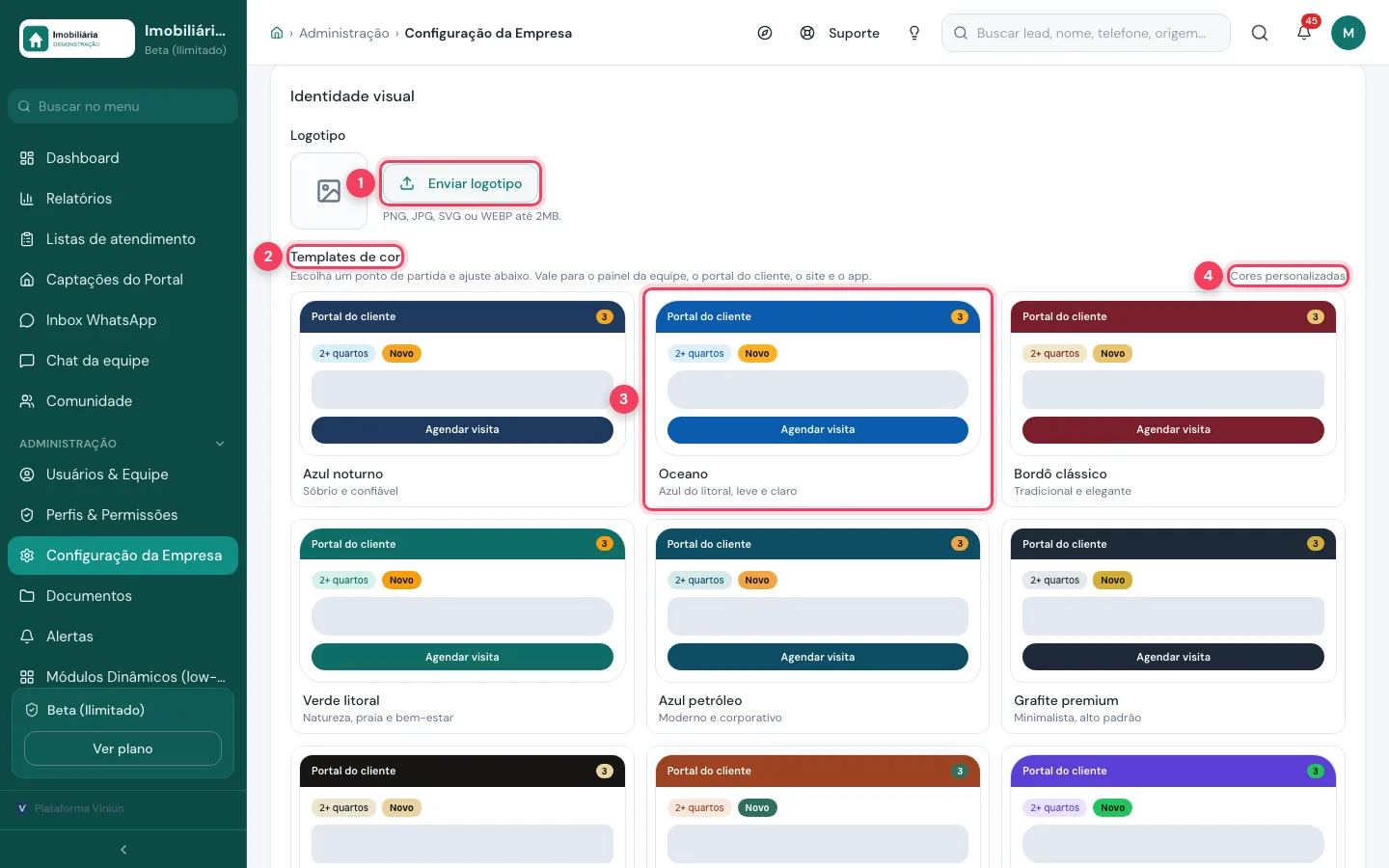 Bloco Identidade visual com o botão Enviar logotipo, os modelos de cor e o modelo Oceano marcados
