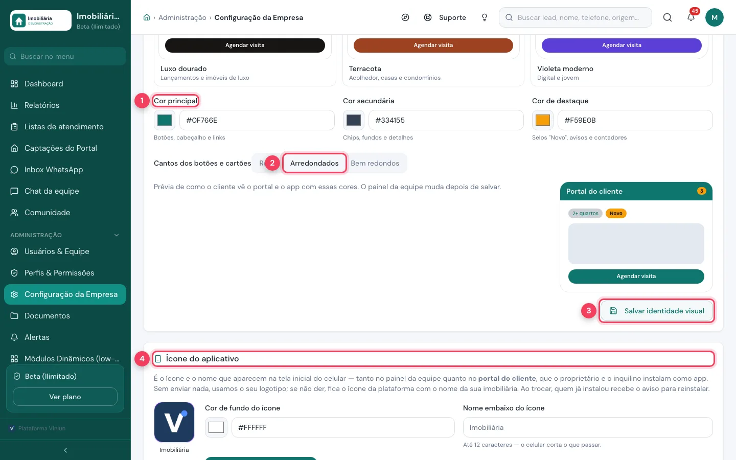Cores principal, secundária e de destaque, cantos dos botões, botão Salvar identidade visual e o bloco Ícone do aplicativo marcados