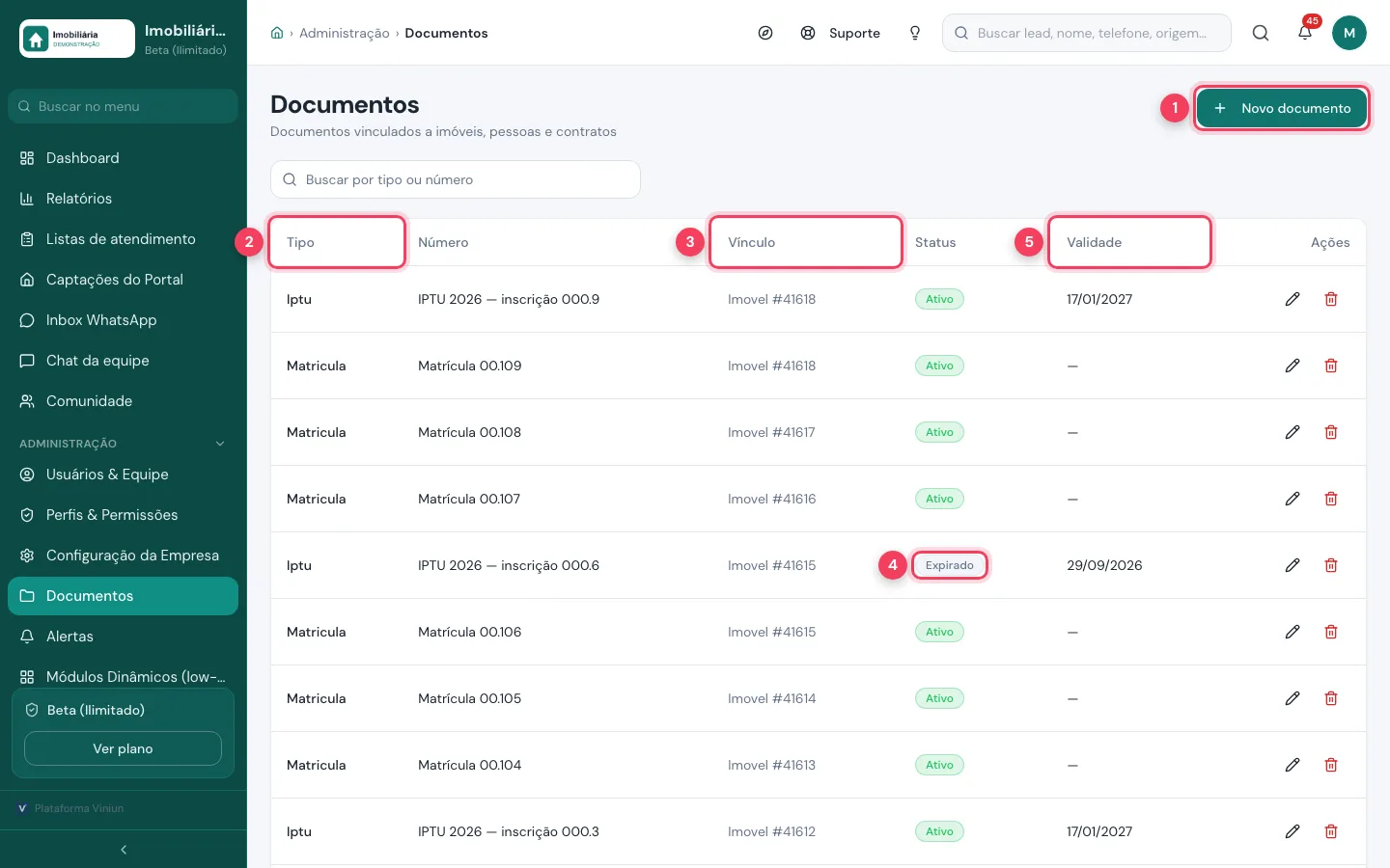 Lista de Documentos com o botão Novo documento e as colunas Tipo, Vínculo, Status e Validade marcados