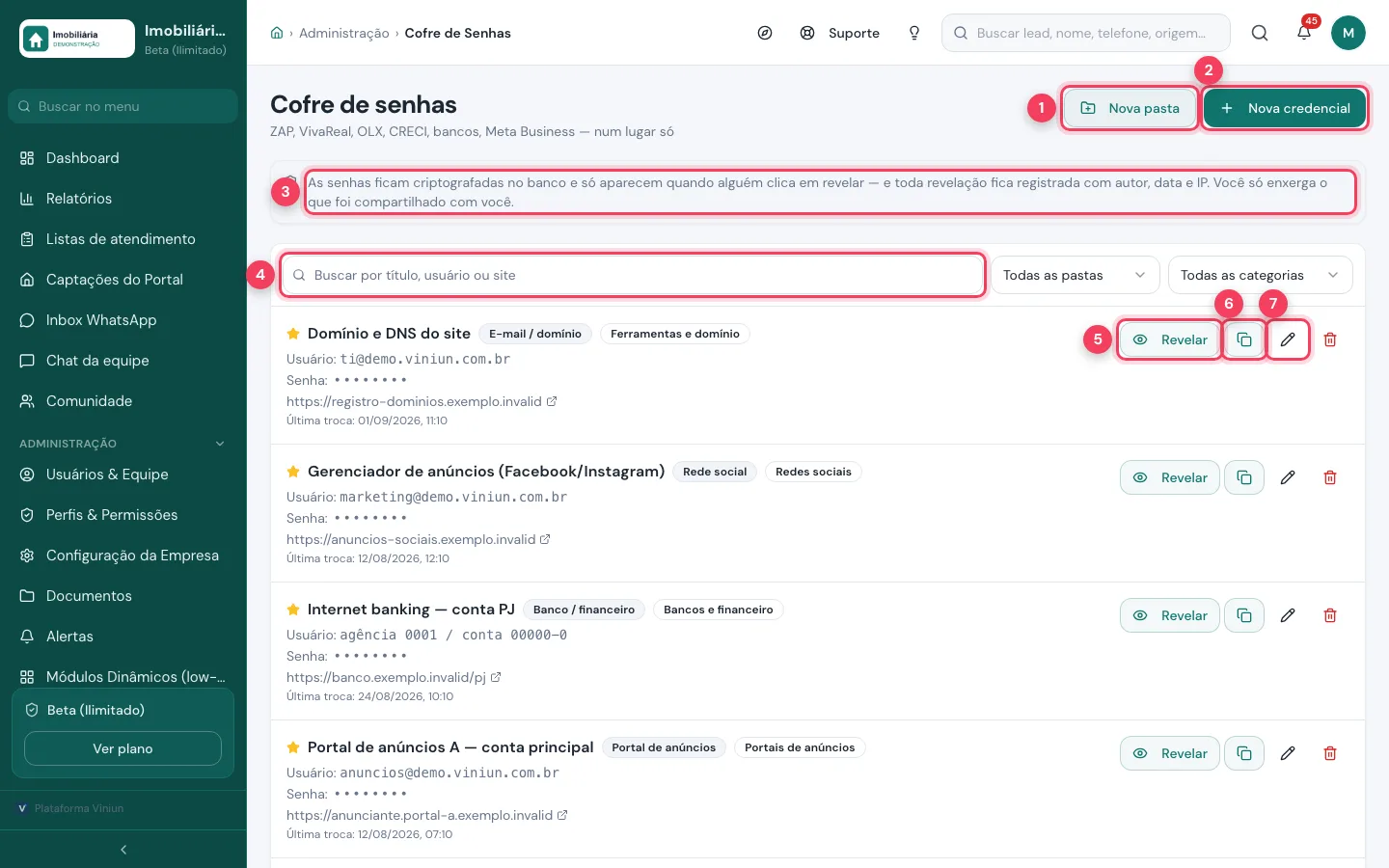 Cofre de senhas com os botões Nova pasta e Nova credencial, o aviso de segurança, a busca e os botões Revelar, copiar e editar marcados