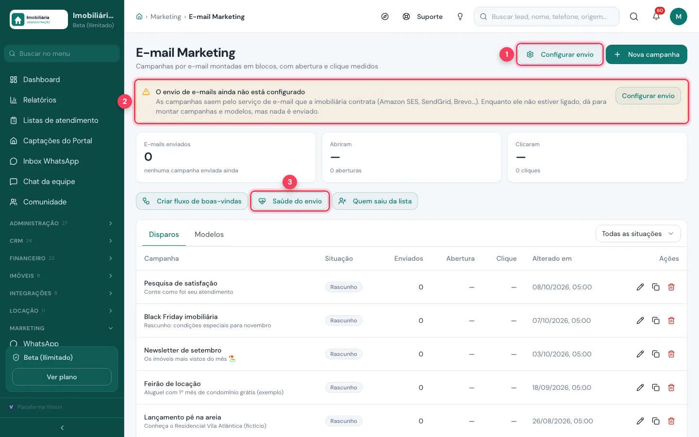 Tela de E-mail Marketing com o aviso de envio não configurado e o botão Configurar envio