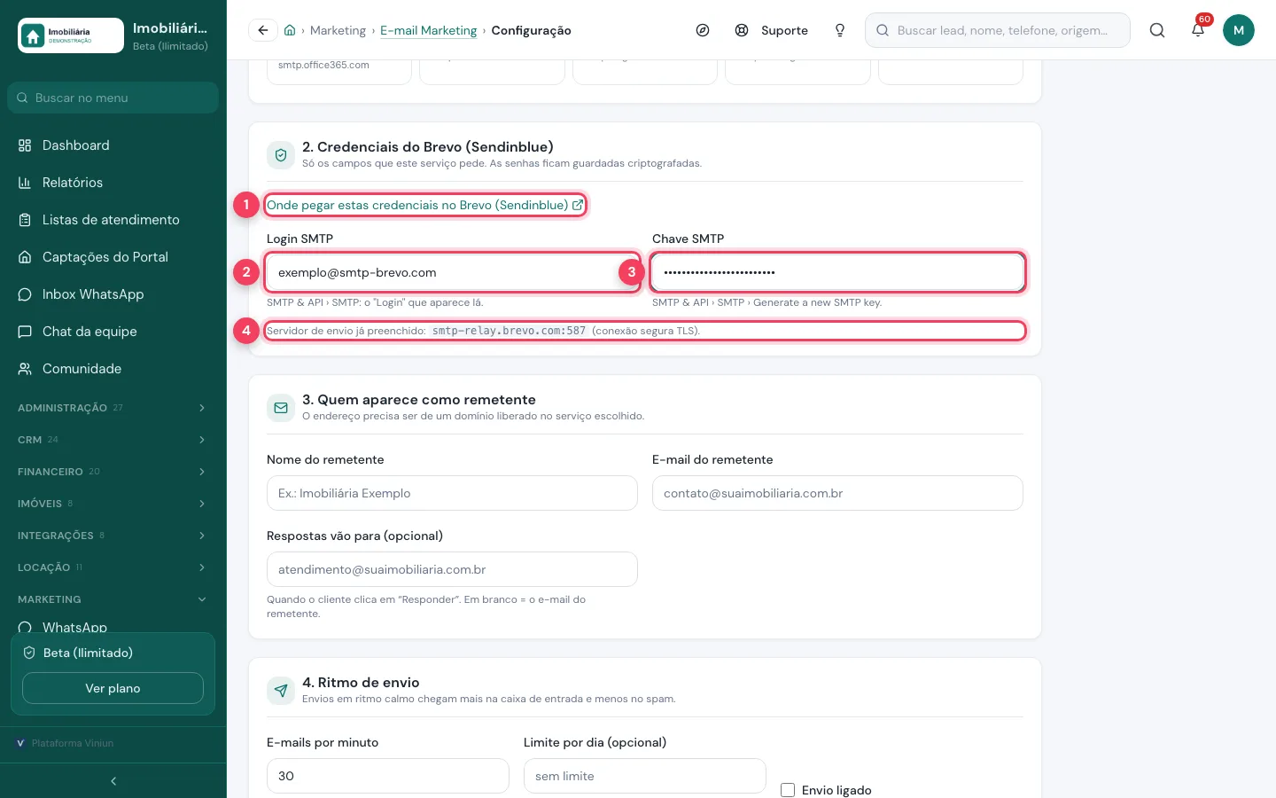 Campos Login SMTP e Chave SMTP do Brevo preenchidos com dados de exemplo