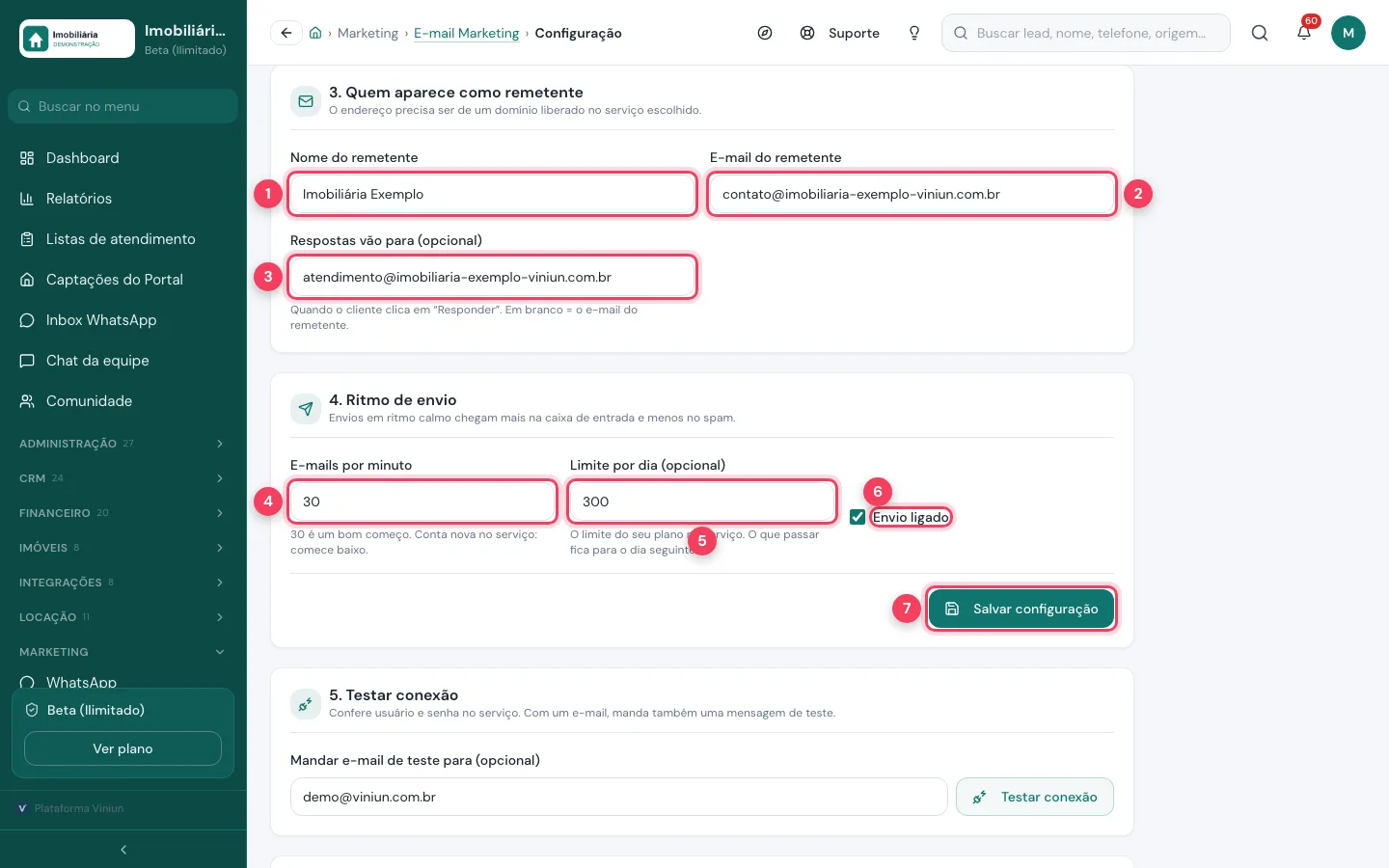 Campos de remetente, respostas, e-mails por minuto, limite por dia, Envio ligado e Salvar configuração