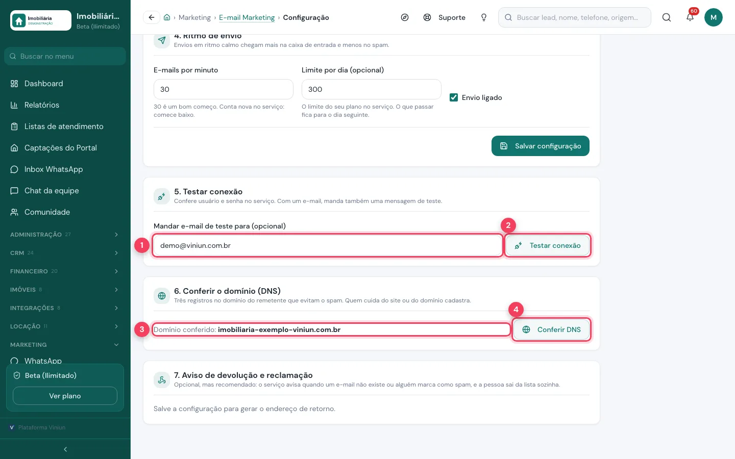 Seção Testar conexão com o e-mail de teste e seção Conferir o domínio com o botão Conferir DNS