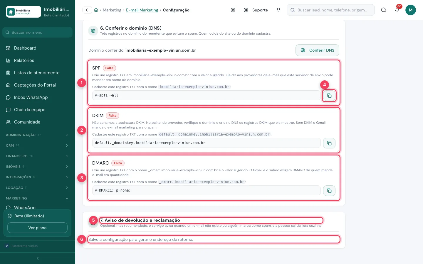 Resultado da conferência de DNS com SPF, DKIM e DMARC em Falta e a seção de aviso de devolução