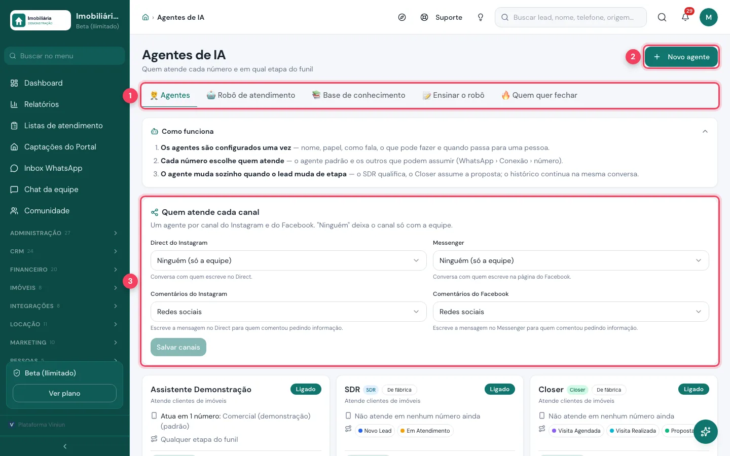 Tela Agentes de IA com abas, botão Novo agente e quem atende cada canal