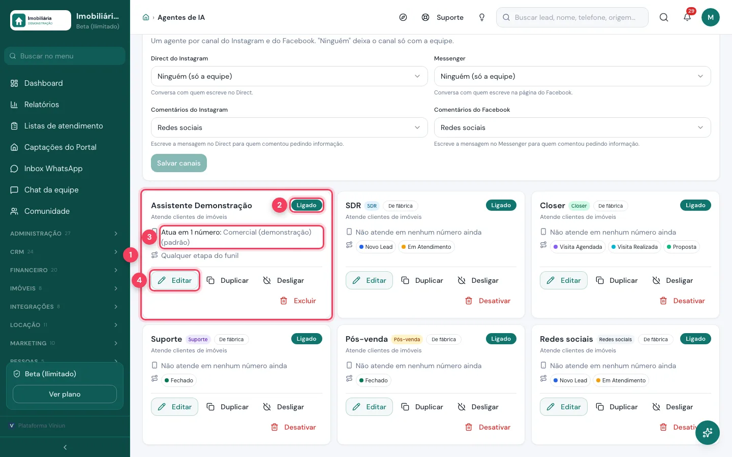 Cartões dos agentes de IA com status Ligado e botão Editar